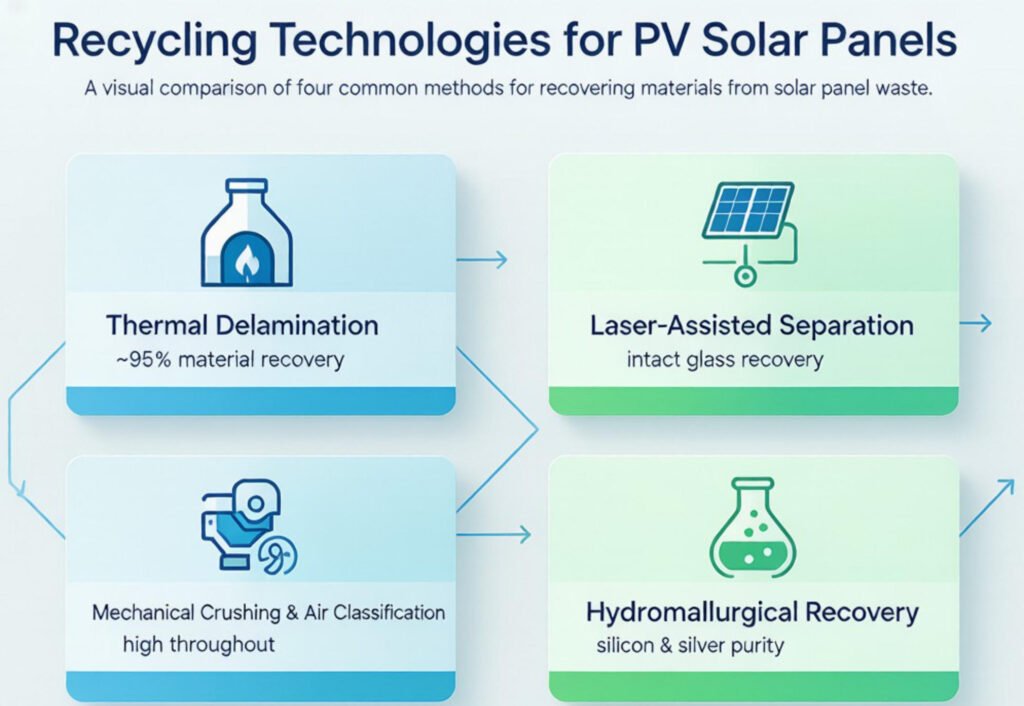 PV solar panel recycling technology flowchart: thermal, mechanical, laser and hydrometallurgical recovery methods