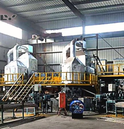 WOLFU brass rod horizontal continuous casting machine running in a factory workshop, with melting furnace and safety railings.