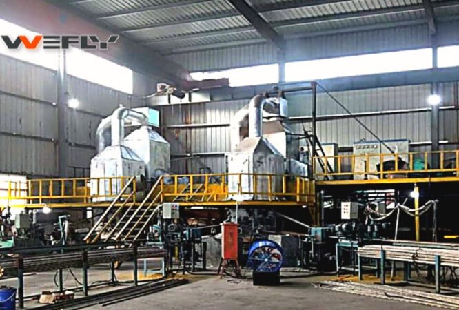 WOLFU brass rod horizontal continuous casting machine running in a factory workshop, with melting furnace and safety railings.