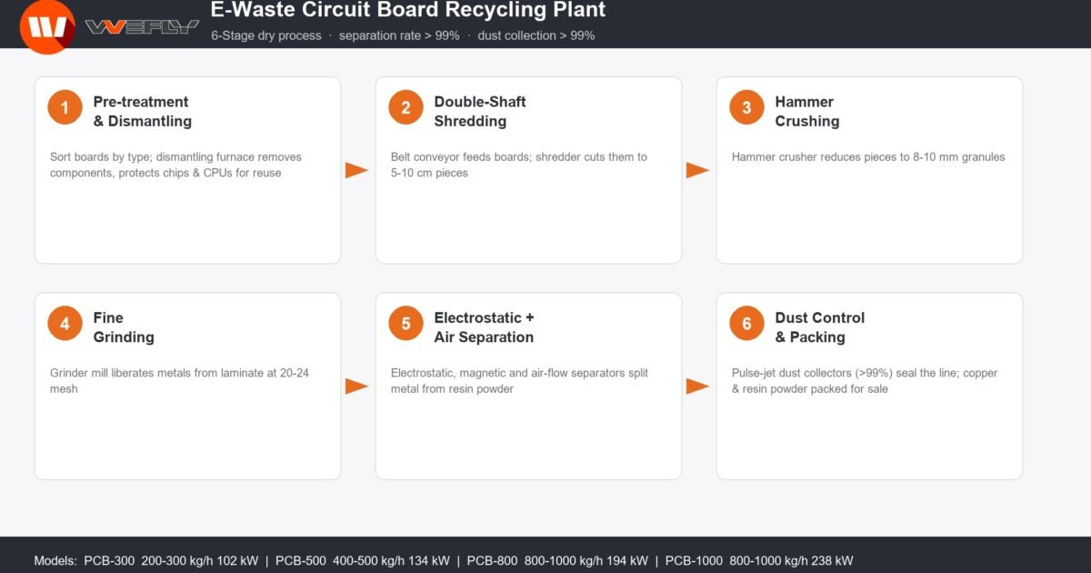 PCB recycling machine plant process flow chart, e-waste circuit board recycling production line with pre-treatment, shredding, crushing, grinding, electrostatic separation and dust control system.