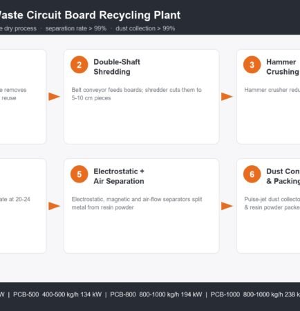 PCB recycling machine plant process flow chart, e-waste circuit board recycling production line with pre-treatment, shredding, crushing, grinding, electrostatic separation and dust control system.