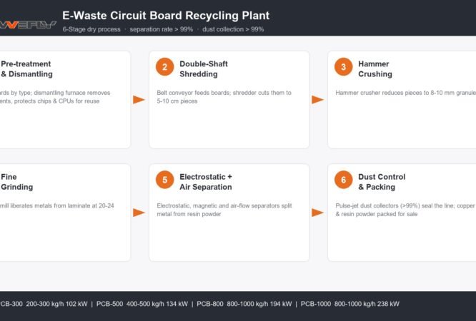 PCB recycling machine plant process flow chart, e-waste circuit board recycling production line with pre-treatment, shredding, crushing, grinding, electrostatic separation and dust control system.