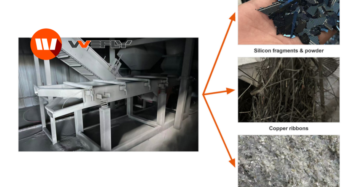 PV recycling sorting system with three output streams — silicon fragments and powder, copper ribbons, and crushed glass