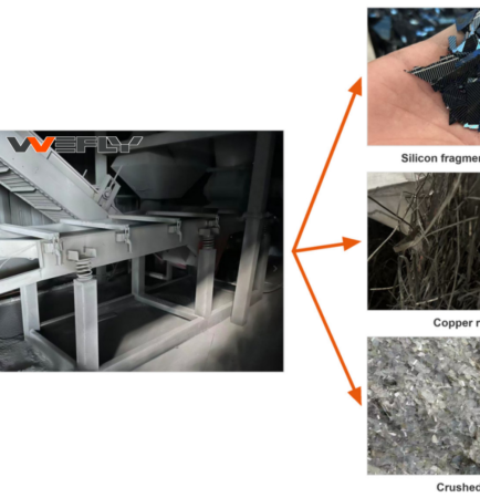 PV recycling sorting system with three output streams — silicon fragments and powder, copper ribbons, and crushed glass
